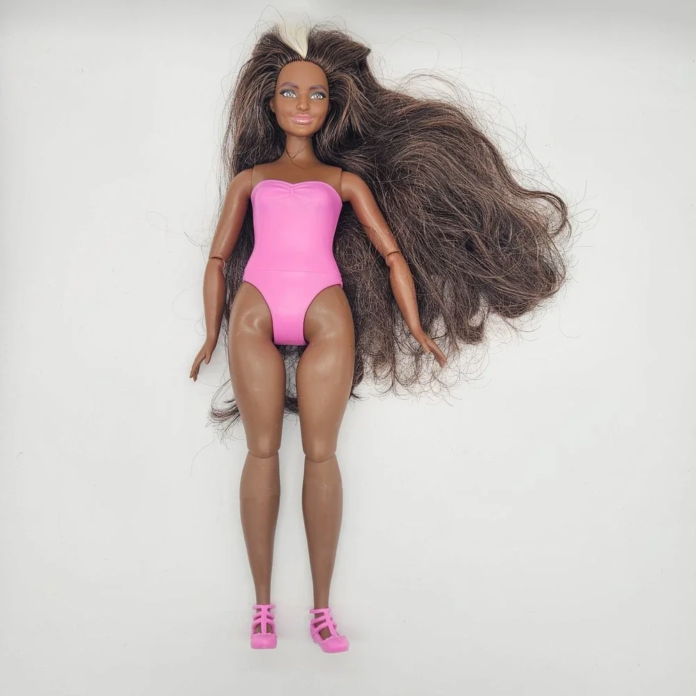 Barbie Doll Curvy Dark Skin Tone Brown Blonde Streaked Hair Pink Swimsuit